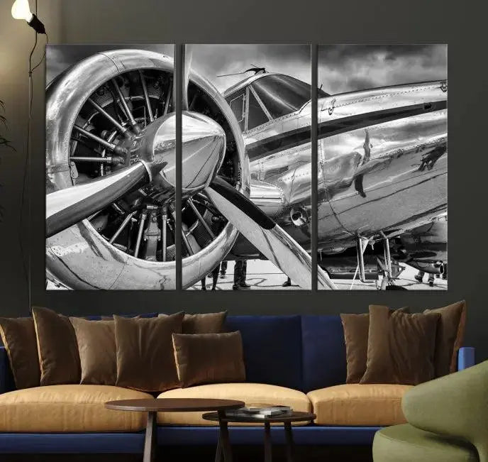 The Vintage Antique Airplane Wall Art Canvas Print, a black-and-white triptych of a propeller plane, exemplifies professional craftsmanship and adds an elegant touch to any space. This museum-quality canvas is an impressive display of artistic skill.