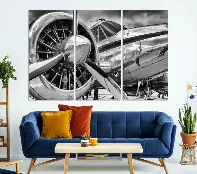 The Vintage Antique Airplane Wall Art Canvas Print, a black-and-white triptych of a propeller plane, exemplifies professional craftsmanship and adds an elegant touch to any space. This museum-quality canvas is an impressive display of artistic skill.