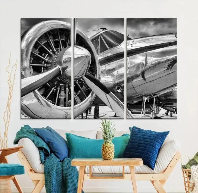 The Vintage Antique Airplane Wall Art Canvas Print, a black-and-white triptych of a propeller plane, exemplifies professional craftsmanship and adds an elegant touch to any space. This museum-quality canvas is an impressive display of artistic skill.