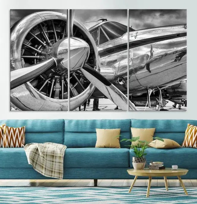 The Vintage Antique Airplane Wall Art Canvas Print, a black-and-white triptych of a propeller plane, exemplifies professional craftsmanship and adds an elegant touch to any space. This museum-quality canvas is an impressive display of artistic skill.