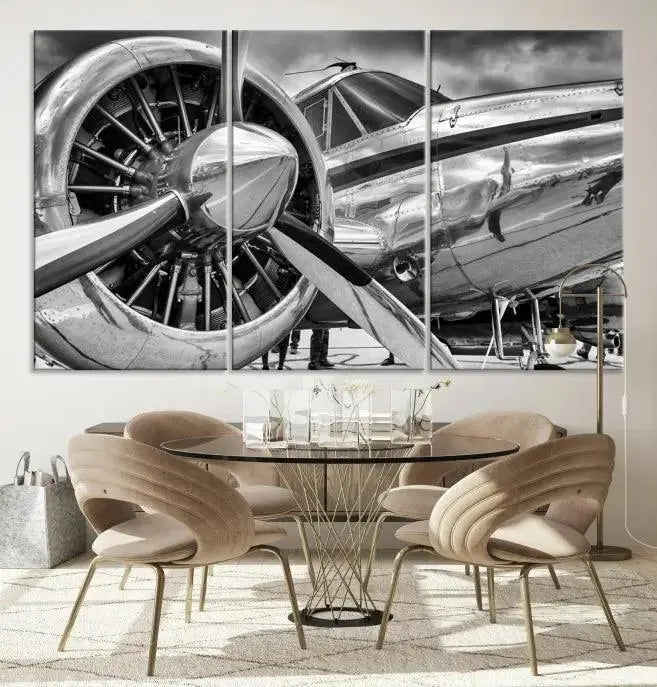 The Vintage Antique Airplane Wall Art Canvas Print, a black-and-white triptych of a propeller plane, exemplifies professional craftsmanship and adds an elegant touch to any space. This museum-quality canvas is an impressive display of artistic skill.