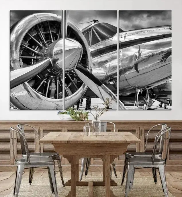 The Vintage Antique Airplane Wall Art Canvas Print, a black-and-white triptych of a propeller plane, exemplifies professional craftsmanship and adds an elegant touch to any space. This museum-quality canvas is an impressive display of artistic skill.