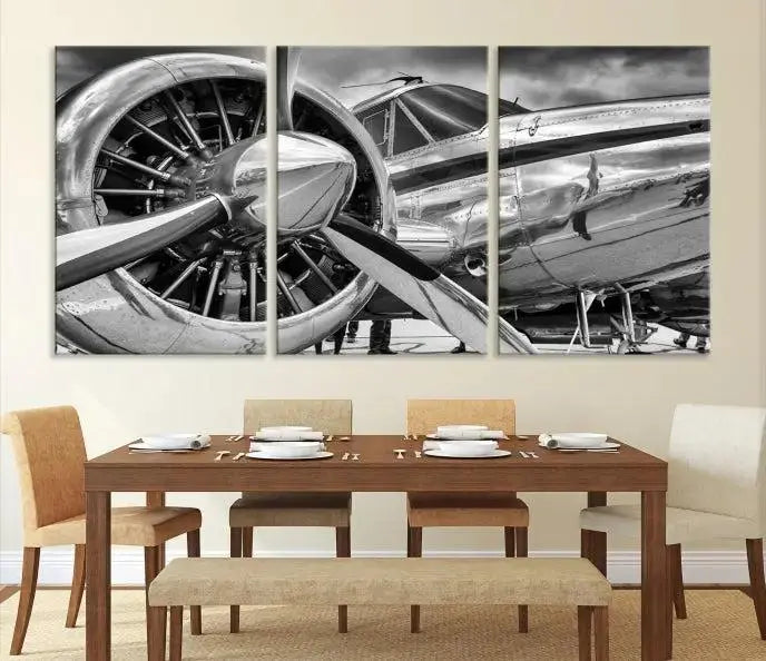 The Vintage Antique Airplane Wall Art Canvas Print, a black-and-white triptych of a propeller plane, exemplifies professional craftsmanship and adds an elegant touch to any space. This museum-quality canvas is an impressive display of artistic skill.