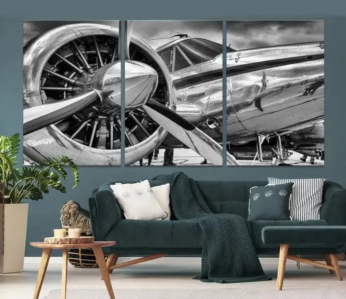 The Vintage Antique Airplane Wall Art Canvas Print, a black-and-white triptych of a propeller plane, exemplifies professional craftsmanship and adds an elegant touch to any space. This museum-quality canvas is an impressive display of artistic skill.