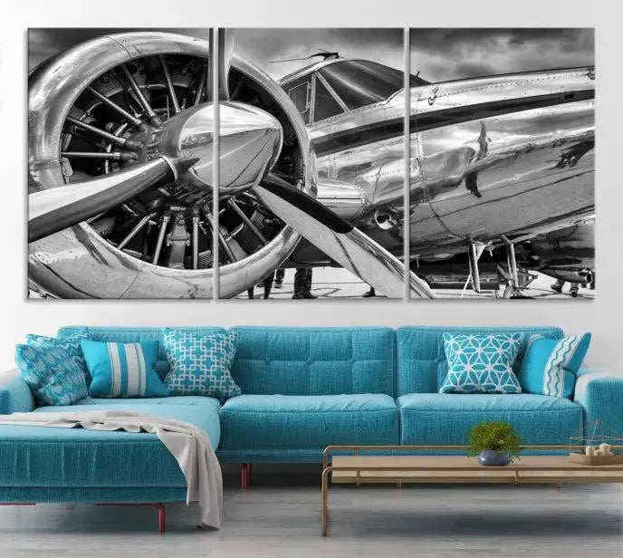 The Vintage Antique Airplane Wall Art Canvas Print, a black-and-white triptych of a propeller plane, exemplifies professional craftsmanship and adds an elegant touch to any space. This museum-quality canvas is an impressive display of artistic skill.