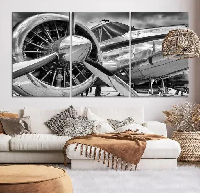 The Vintage Antique Airplane Wall Art Canvas Print, a black-and-white triptych of a propeller plane, exemplifies professional craftsmanship and adds an elegant touch to any space. This museum-quality canvas is an impressive display of artistic skill.