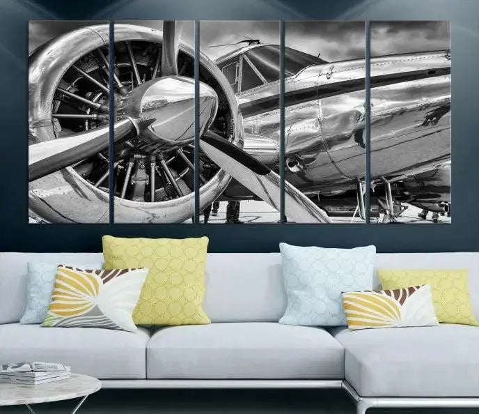 The Vintage Antique Airplane Wall Art Canvas Print, a black-and-white triptych of a propeller plane, exemplifies professional craftsmanship and adds an elegant touch to any space. This museum-quality canvas is an impressive display of artistic skill.