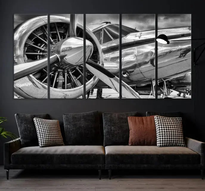 The Vintage Antique Airplane Wall Art Canvas Print, a black-and-white triptych of a propeller plane, exemplifies professional craftsmanship and adds an elegant touch to any space. This museum-quality canvas is an impressive display of artistic skill.