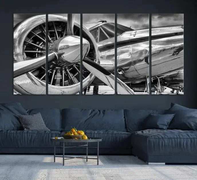 The Vintage Antique Airplane Wall Art Canvas Print, a black-and-white triptych of a propeller plane, exemplifies professional craftsmanship and adds an elegant touch to any space. This museum-quality canvas is an impressive display of artistic skill.