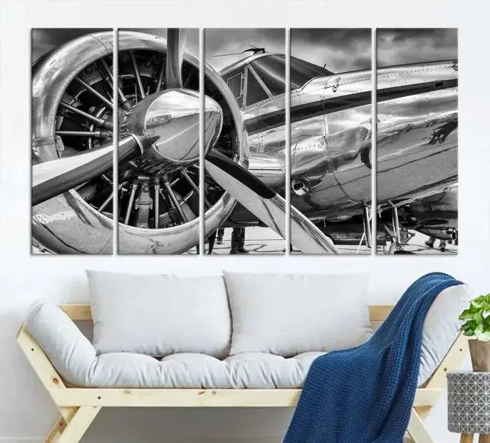 The Vintage Antique Airplane Wall Art Canvas Print, a black-and-white triptych of a propeller plane, exemplifies professional craftsmanship and adds an elegant touch to any space. This museum-quality canvas is an impressive display of artistic skill.