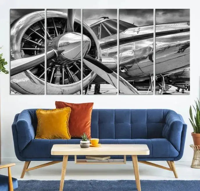 The Vintage Antique Airplane Wall Art Canvas Print, a black-and-white triptych of a propeller plane, exemplifies professional craftsmanship and adds an elegant touch to any space. This museum-quality canvas is an impressive display of artistic skill.