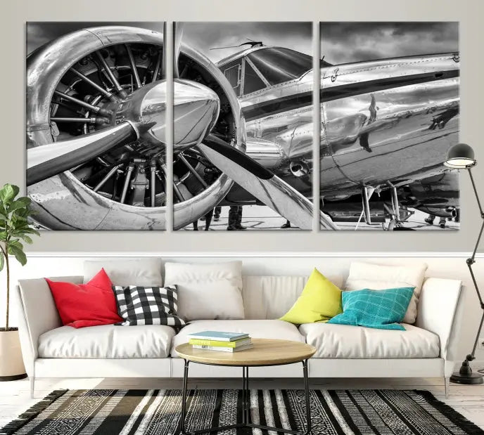 The Vintage Antique Airplane Wall Art Canvas Print, a black-and-white triptych of a propeller plane, exemplifies professional craftsmanship and adds an elegant touch to any space. This museum-quality canvas is an impressive display of artistic skill.