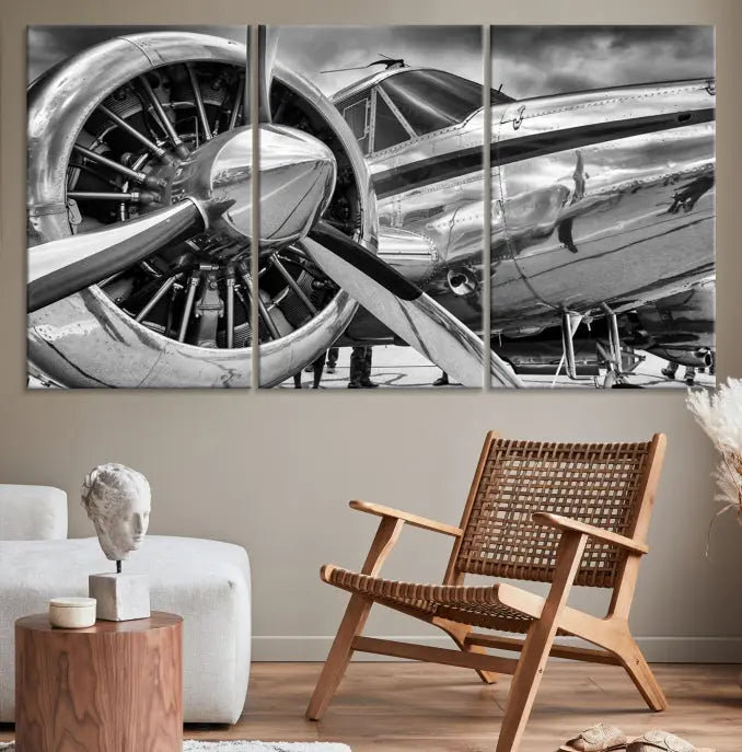 The Vintage Antique Airplane Wall Art Canvas Print, a black-and-white triptych of a propeller plane, exemplifies professional craftsmanship and adds an elegant touch to any space. This museum-quality canvas is an impressive display of artistic skill.