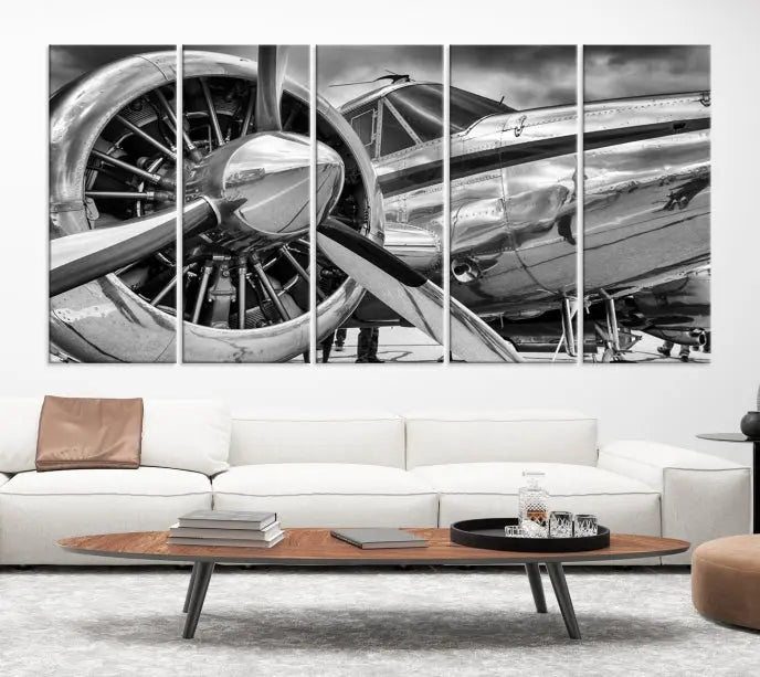 The Vintage Antique Airplane Wall Art Canvas Print, a black-and-white triptych of a propeller plane, exemplifies professional craftsmanship and adds an elegant touch to any space. This museum-quality canvas is an impressive display of artistic skill.