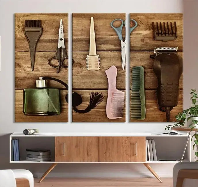 The Vintage Barber Tools Wall Art Canvas Print decorates a wooden background, capturing the essence of barber culture.