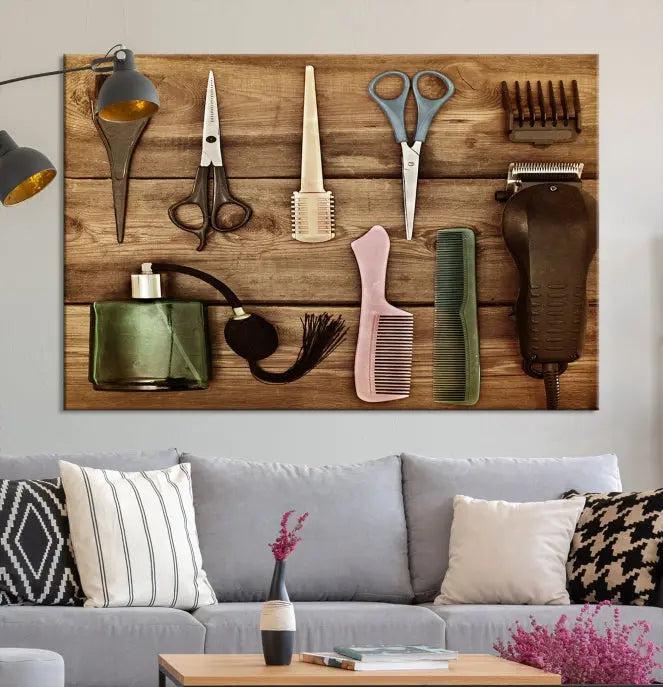 The Vintage Barber Tools Wall Art Canvas Print decorates a wooden background, capturing the essence of barber culture.