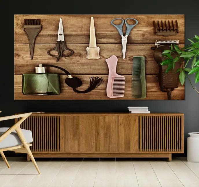 The Vintage Barber Tools Wall Art Canvas Print decorates a wooden background, capturing the essence of barber culture.