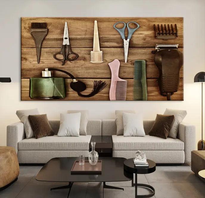 The Vintage Barber Tools Wall Art Canvas Print decorates a wooden background, capturing the essence of barber culture.