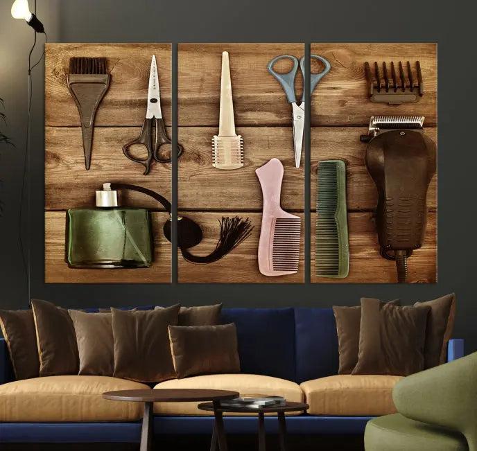 The Vintage Barber Tools Wall Art Canvas Print decorates a wooden background, capturing the essence of barber culture.