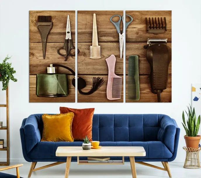 The Vintage Barber Tools Wall Art Canvas Print decorates a wooden background, capturing the essence of barber culture.