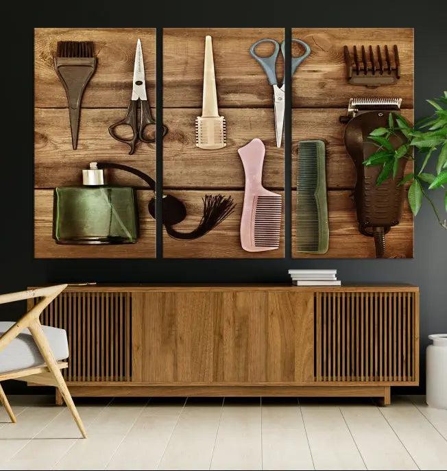 The Vintage Barber Tools Wall Art Canvas Print decorates a wooden background, capturing the essence of barber culture.