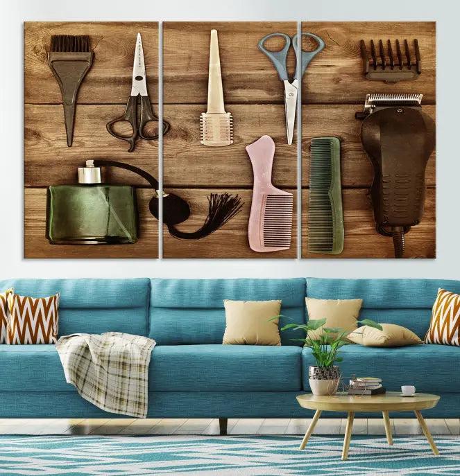 The Vintage Barber Tools Wall Art Canvas Print decorates a wooden background, capturing the essence of barber culture.