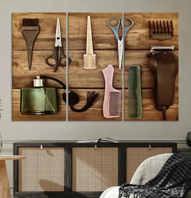 The Vintage Barber Tools Wall Art Canvas Print decorates a wooden background, capturing the essence of barber culture.