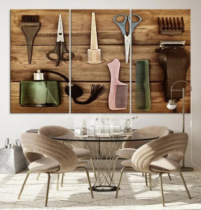 The Vintage Barber Tools Wall Art Canvas Print decorates a wooden background, capturing the essence of barber culture.