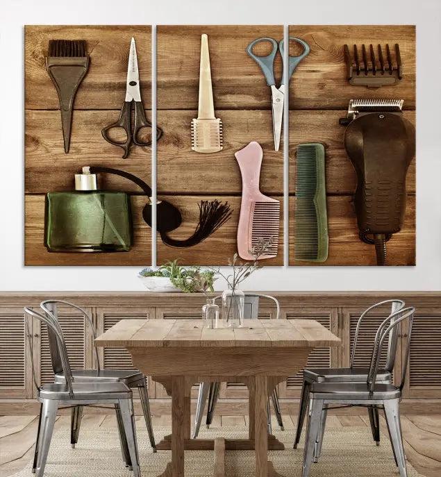 The Vintage Barber Tools Wall Art Canvas Print decorates a wooden background, capturing the essence of barber culture.