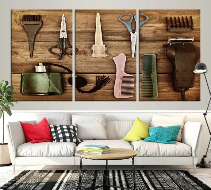 The Vintage Barber Tools Wall Art Canvas Print decorates a wooden background, capturing the essence of barber culture.