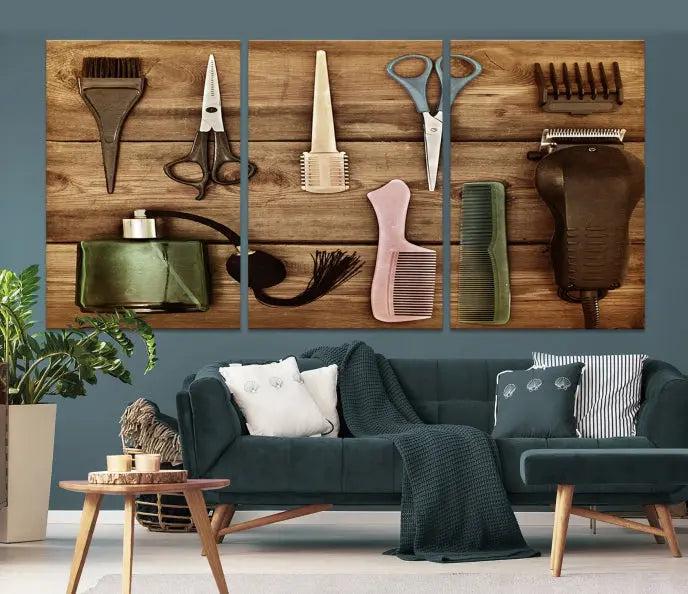 The Vintage Barber Tools Wall Art Canvas Print decorates a wooden background, capturing the essence of barber culture.