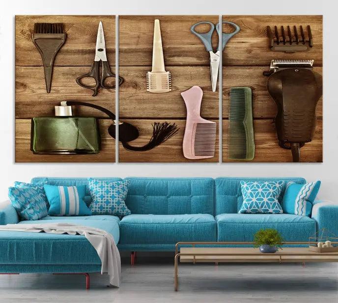 The Vintage Barber Tools Wall Art Canvas Print decorates a wooden background, capturing the essence of barber culture.