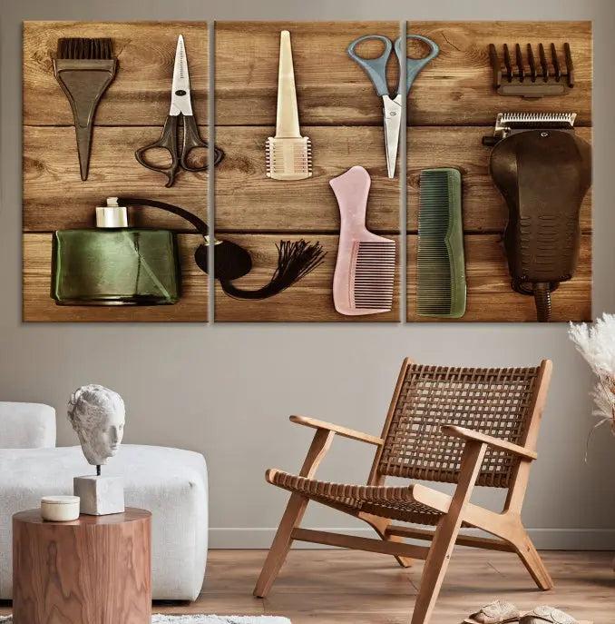 The Vintage Barber Tools Wall Art Canvas Print decorates a wooden background, capturing the essence of barber culture.