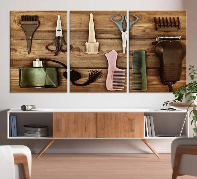 The Vintage Barber Tools Wall Art Canvas Print decorates a wooden background, capturing the essence of barber culture.