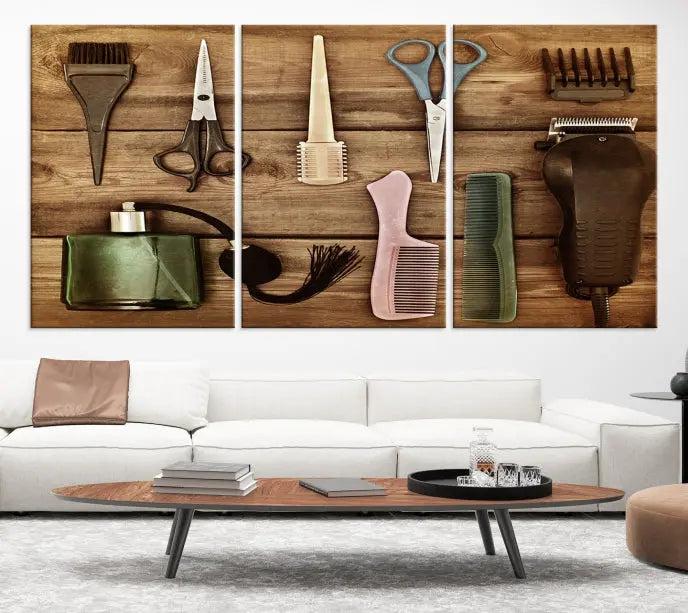 The Vintage Barber Tools Wall Art Canvas Print decorates a wooden background, capturing the essence of barber culture.