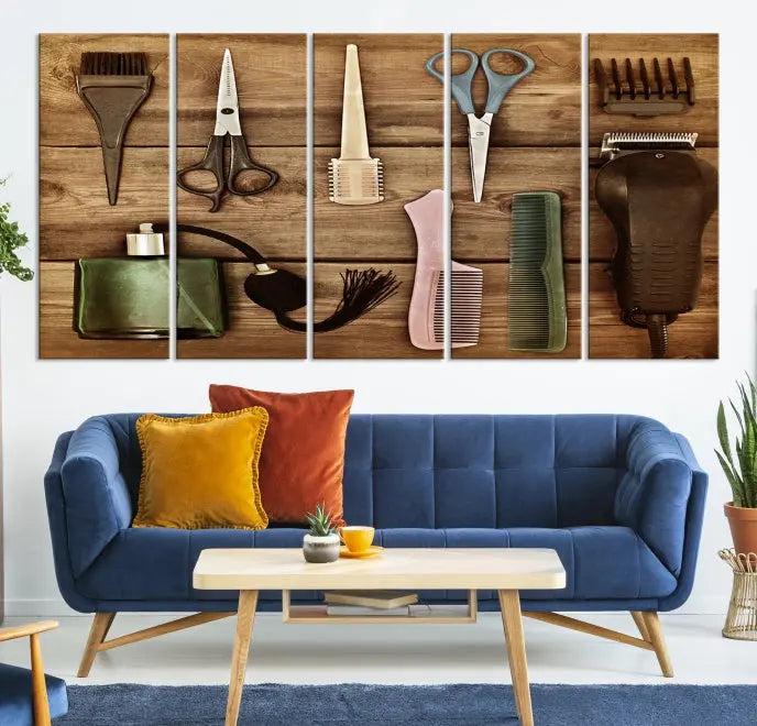 The Vintage Barber Tools Wall Art Canvas Print decorates a wooden background, capturing the essence of barber culture.