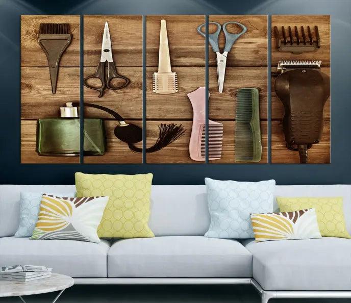 The Vintage Barber Tools Wall Art Canvas Print decorates a wooden background, capturing the essence of barber culture.