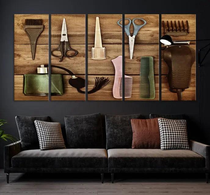 The Vintage Barber Tools Wall Art Canvas Print decorates a wooden background, capturing the essence of barber culture.