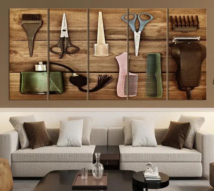 The Vintage Barber Tools Wall Art Canvas Print decorates a wooden background, capturing the essence of barber culture.