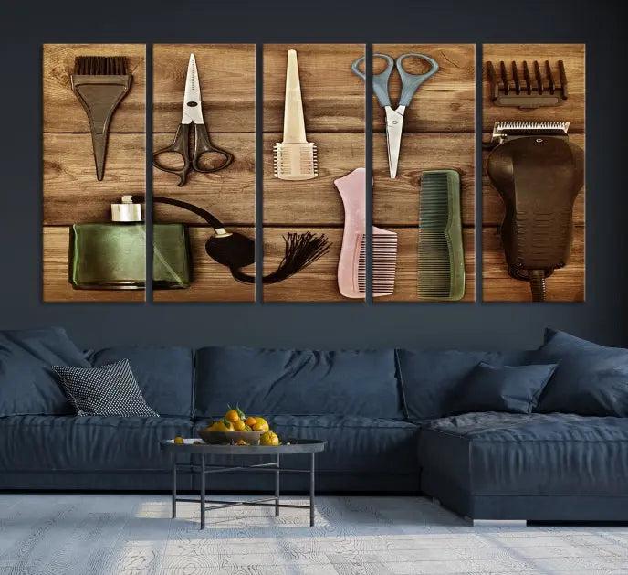 The Vintage Barber Tools Wall Art Canvas Print decorates a wooden background, capturing the essence of barber culture.