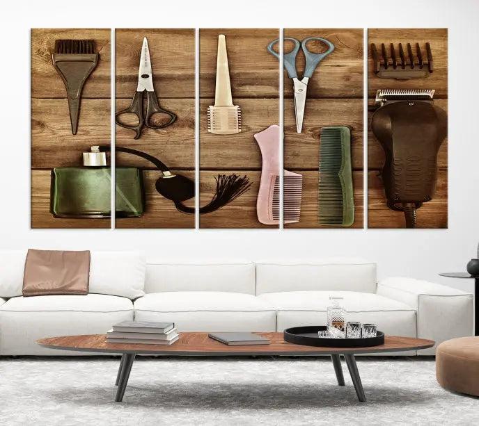 The Vintage Barber Tools Wall Art Canvas Print decorates a wooden background, capturing the essence of barber culture.