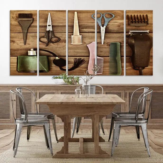 The Vintage Barber Tools Wall Art Canvas Print decorates a wooden background, capturing the essence of barber culture.