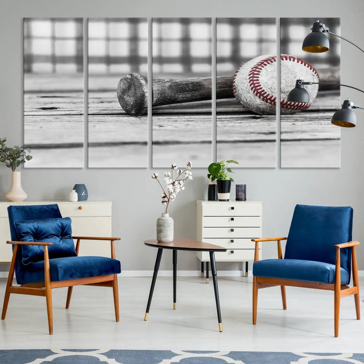 The Vintage Baseball Canvas Wall Art Print showcases a black and white photo of a baseball and bat on a wooden table, divided into three panels. Printed on museum-quality canvas with a UV-protective coating, this artwork arrives ready to hang, bringing timeless charm to any room.