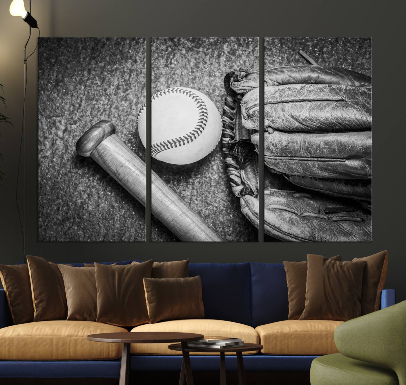 83916-MGV-CV-36X24-Vintage Baseball Glove and Bat Sports Wall Art Canvas, Baseball Glove and Bat Sports Canvas Print