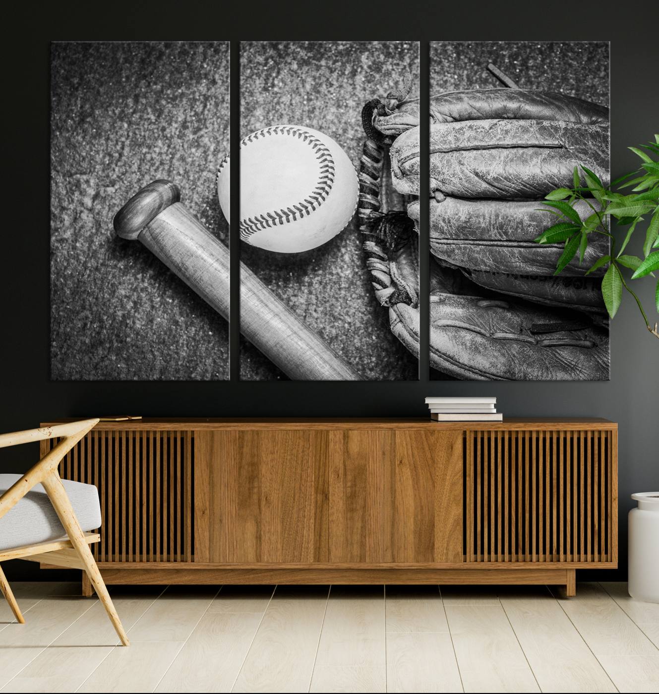 83916-MGV-CV-36X24-Vintage Baseball Glove and Bat Sports Wall Art Canvas, Baseball Glove and Bat Sports Canvas Print