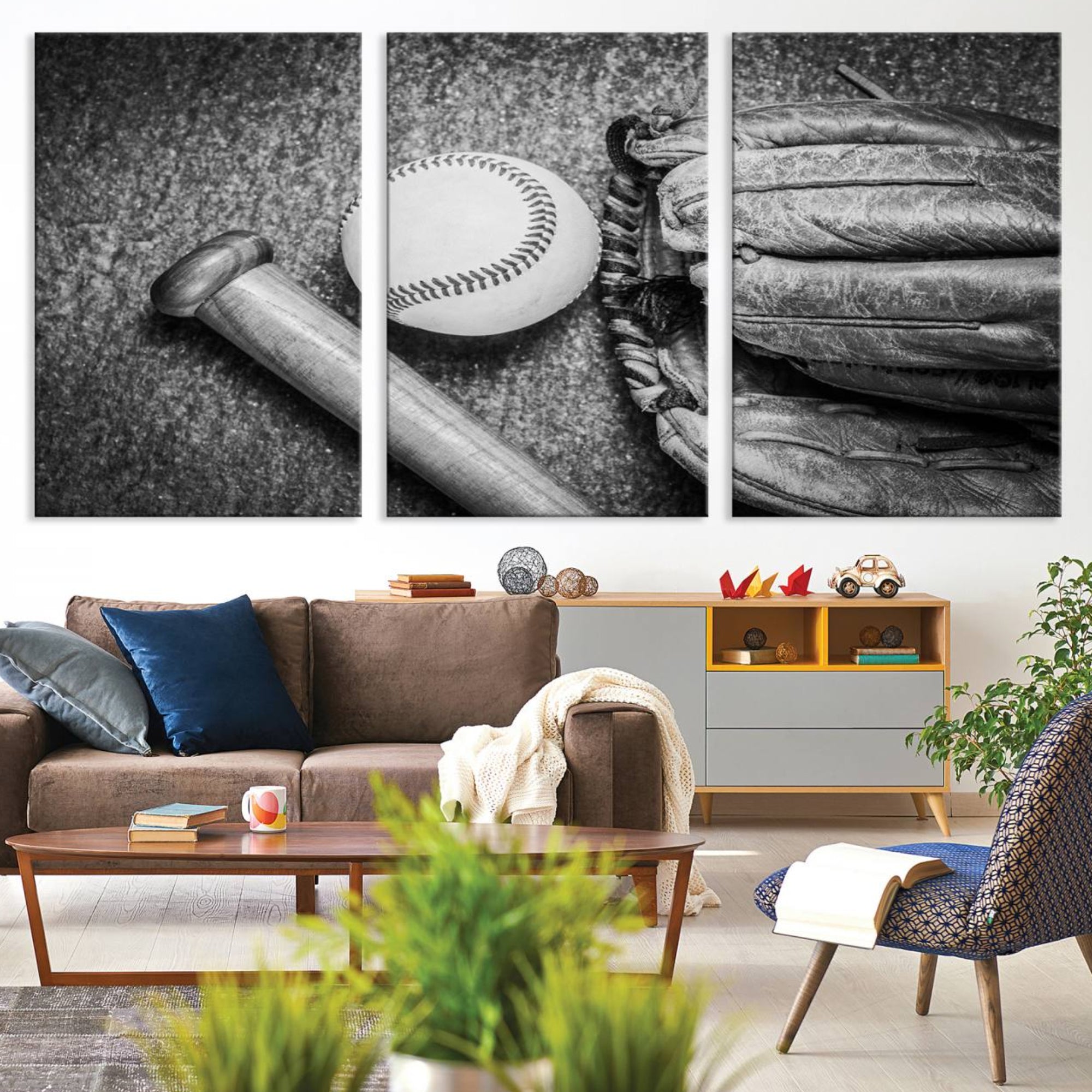 83916-MGV-CV-36X24-Vintage Baseball Glove and Bat Sports Wall Art Canvas, Baseball Glove and Bat Sports Canvas Print