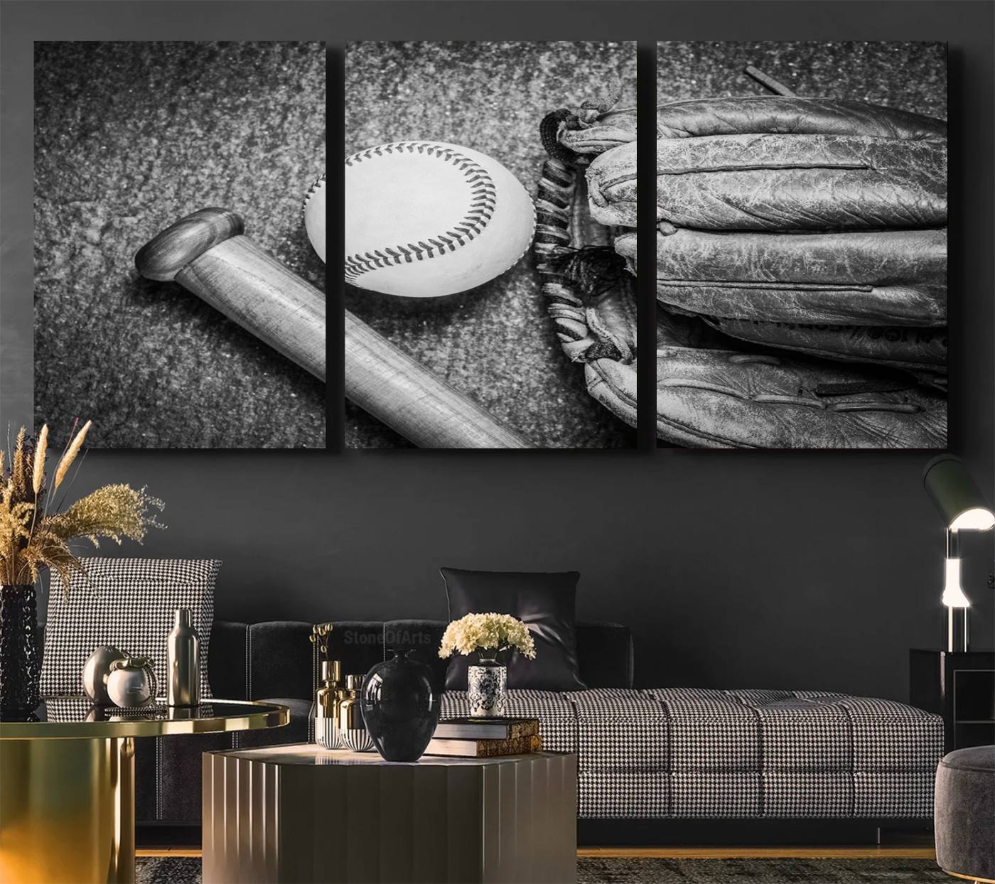 83916-MGV-CV-36X24-Vintage Baseball Glove and Bat Sports Wall Art Canvas, Baseball Glove and Bat Sports Canvas Print