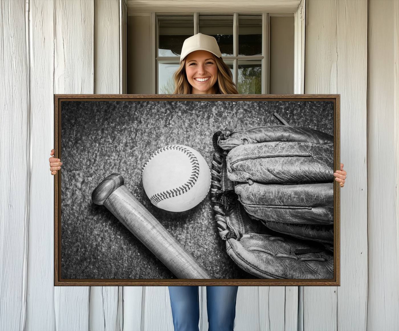 83916-MGV-CV-36X24-Vintage Baseball Glove and Bat Sports Wall Art Canvas, Baseball Glove and Bat Sports Canvas Print