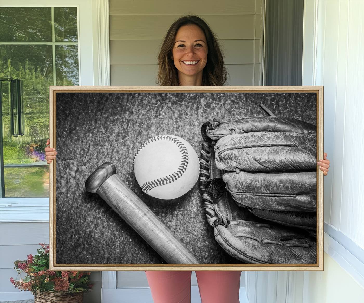 83916-MGV-CV-36X24-Vintage Baseball Glove and Bat Sports Wall Art Canvas, Baseball Glove and Bat Sports Canvas Print