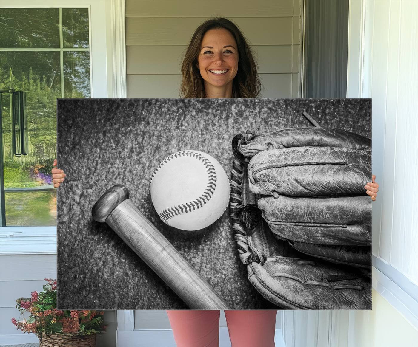 83916-MGV-CV-36X24-Vintage Baseball Glove and Bat Sports Wall Art Canvas, Baseball Glove and Bat Sports Canvas Print